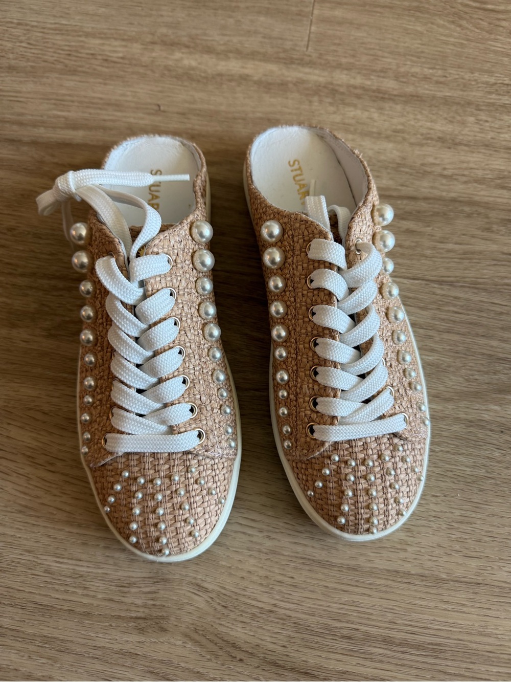 NEW Stuart Weitzman Tan Woven Pearl-Embellished Sneakers